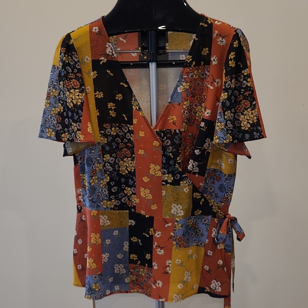 ADDITION ELLE Multicolor Floral Patchwork Wrap Blouse 1X